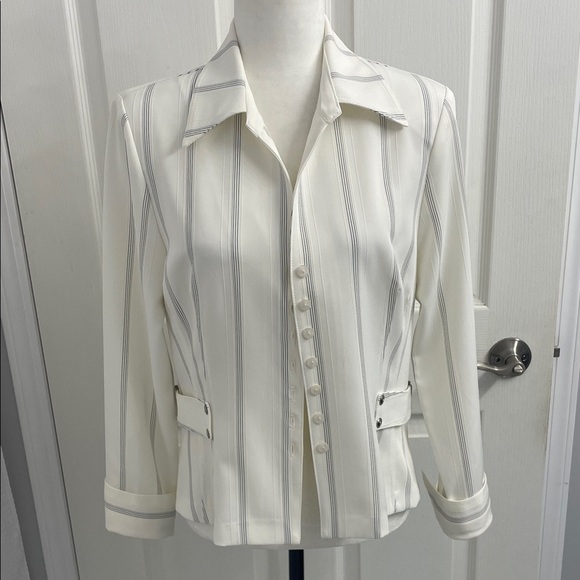 Frank Lyman Design Winter White Striped Blazer Top Button Down Front & Cuffs Sz8 - Picture 1 of 13